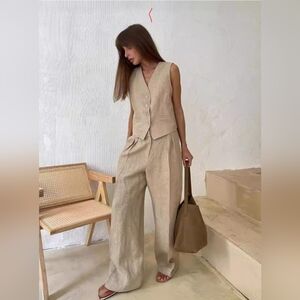 NWOT 2 Piece Matching Set Button Up V Neck Vest and Wide Leg Pants Suit SZ S